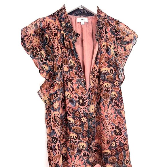 A.L.C. Brown/Pink 100% Silk Hayley Floral Metallic Blouse Size 4 - Picture 3 of 11